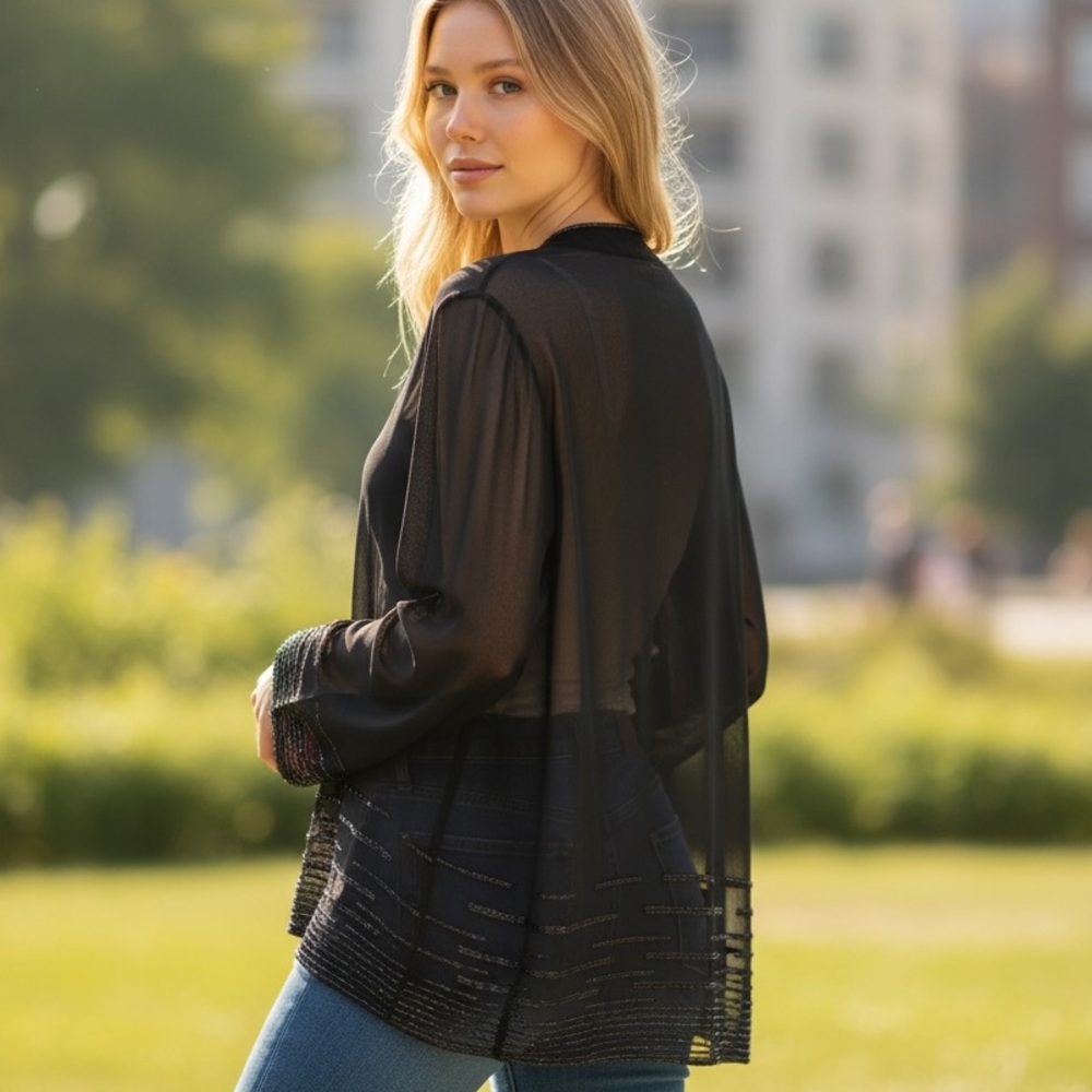 CACHE Vintage NEW Cape Size M Sheer Black Embellished with Sequins